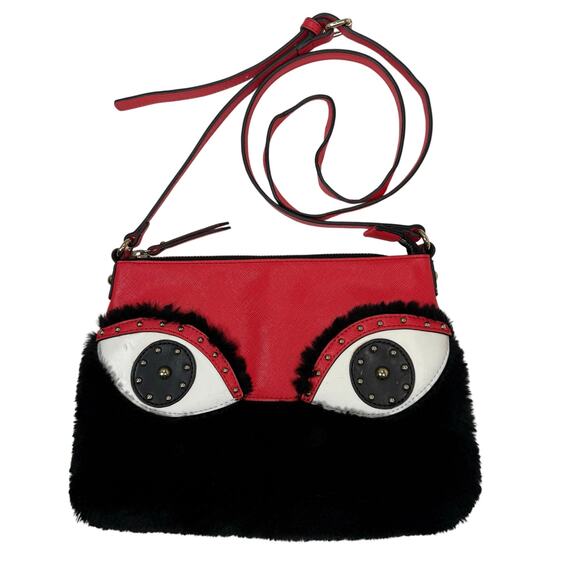 Vintage Sharif Red Black Eye Appliqué Crossbody Bag Faux Fur Leather 8x11 - Picture 3 of 9